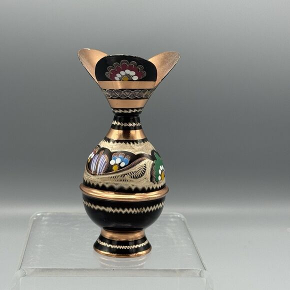 Vtg Copper Ornate Etched Hand Painted Bud Vase Decorative Hair Pin Holder Vanity - Picture 1 of 8
